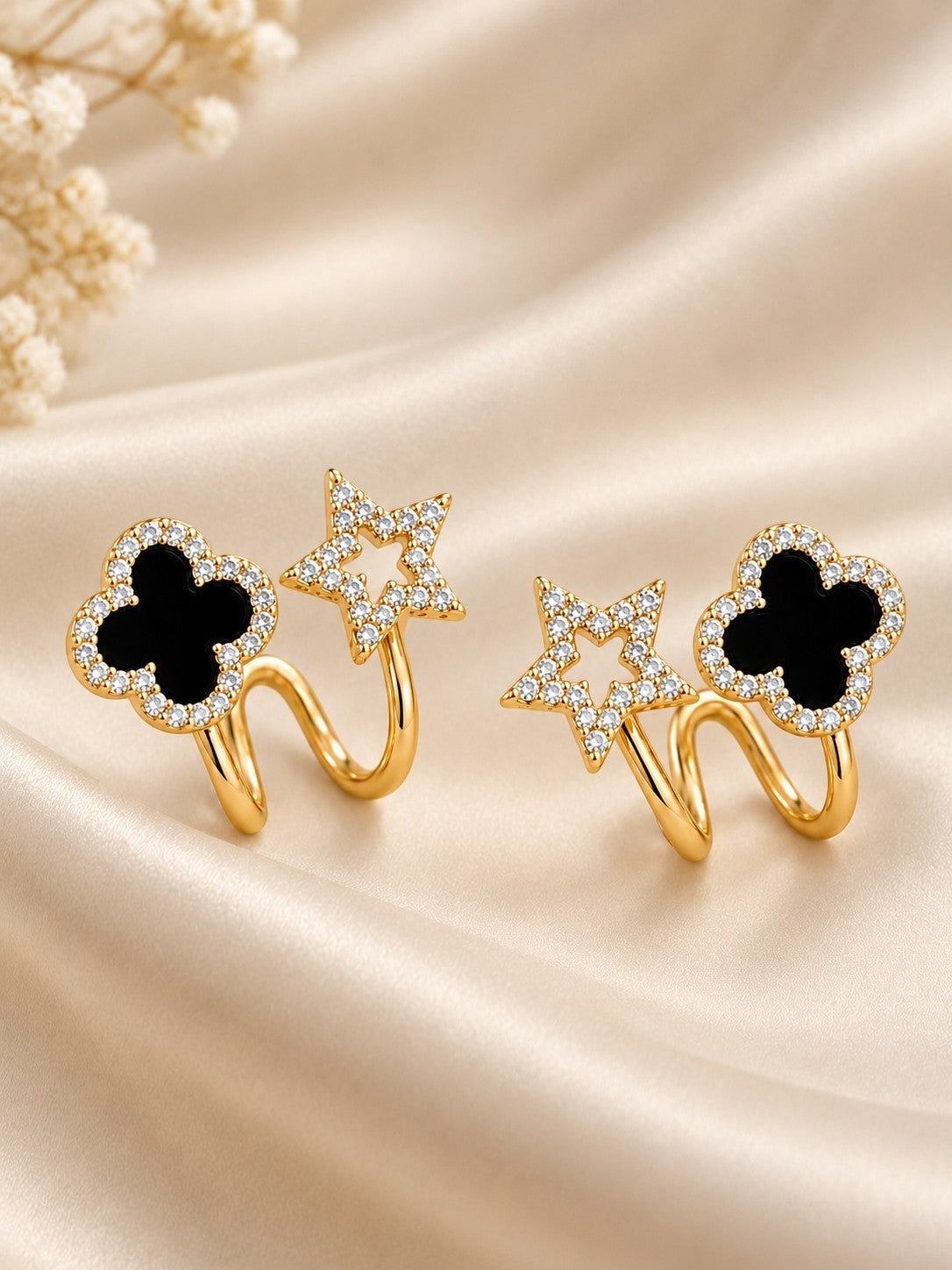 TITLIYA Korean Style Black Clover & Star Earrings for Women – Gold-Tone Crystal Stud Earrings