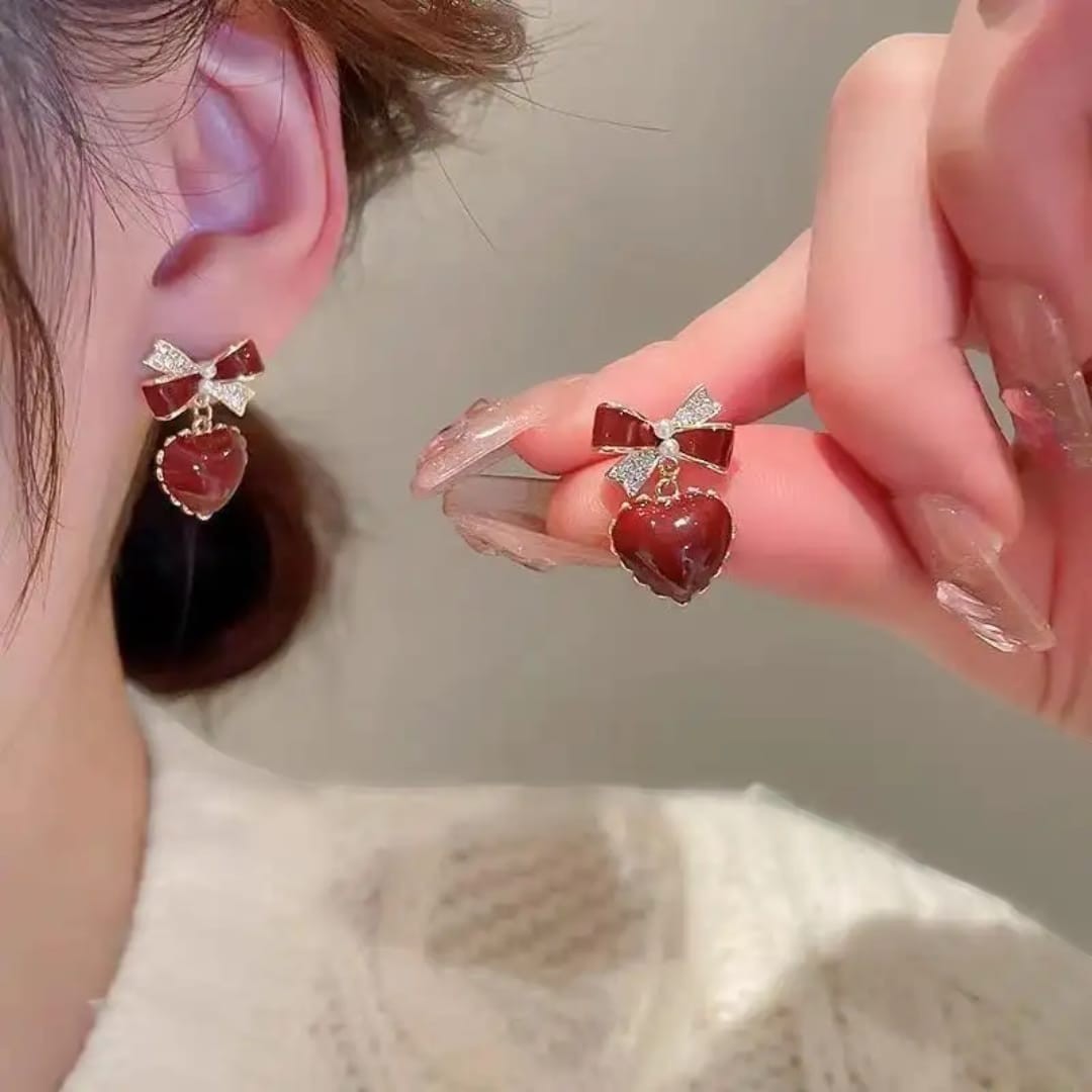 Brownish Red Heart Bow Earrings Titliya