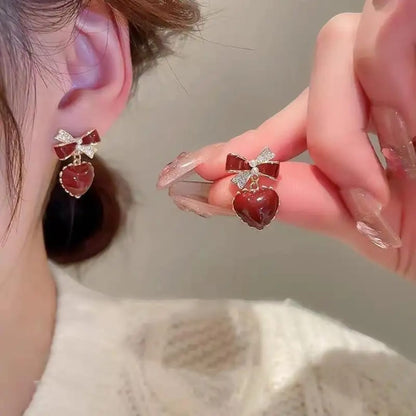Brownish Red Heart Bow Earrings Titliya