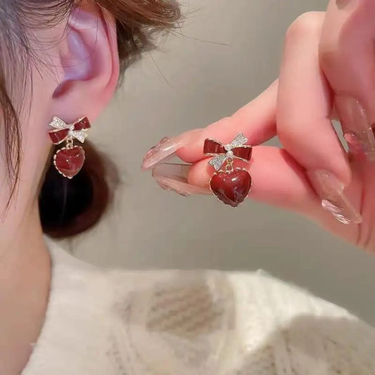 Brownish Red Heart Bow Earrings Titliya