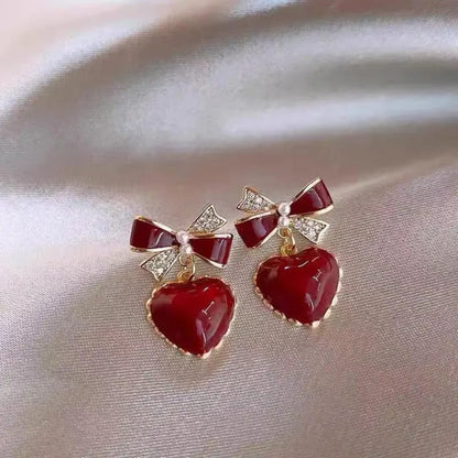 Brownish Red Heart Bow Earrings Titliya