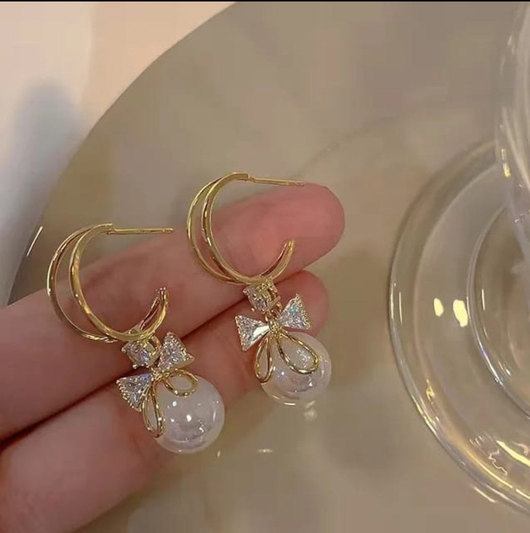Pearl Drops With Crystal Bow Korean Earring Titliya