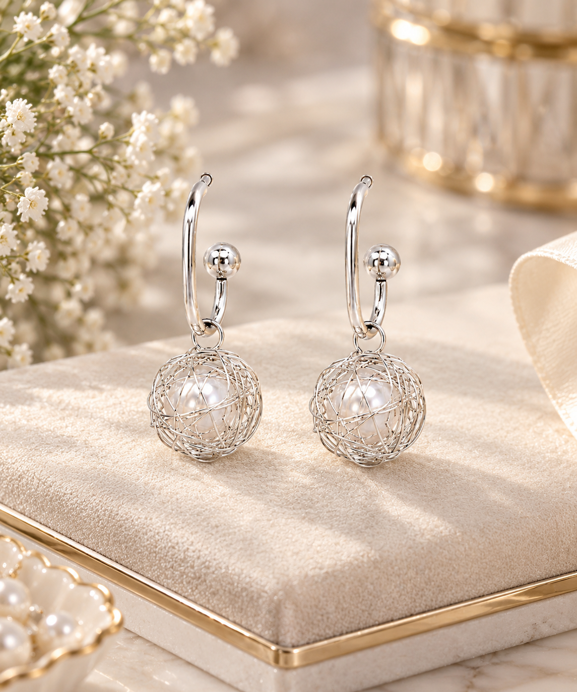 TITLIYA Korean Style Silver Pearl Drop Earrings for Women – Wire Cage Ball Dangle Earrings