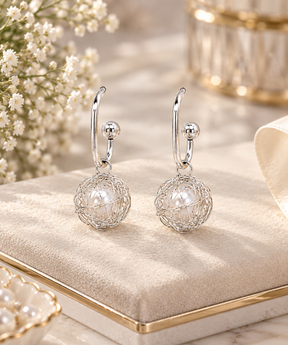 TITLIYA Korean Style Silver Pearl Drop Earrings for Women – Wire Cage Ball Dangle Earrings