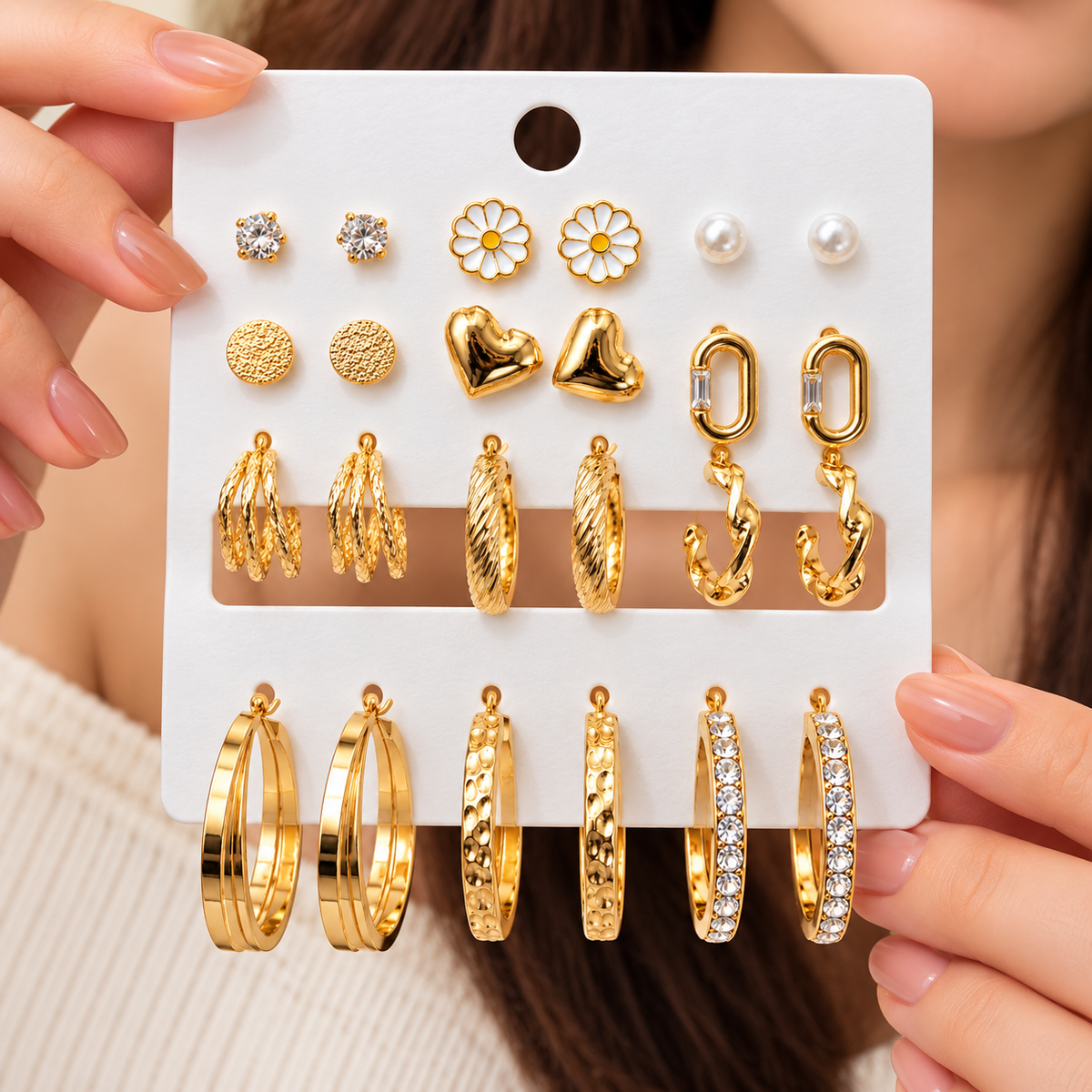 TITLIYA Korean Style Gold-Tone Earrings Set of 12 Pairs for Women and Girls