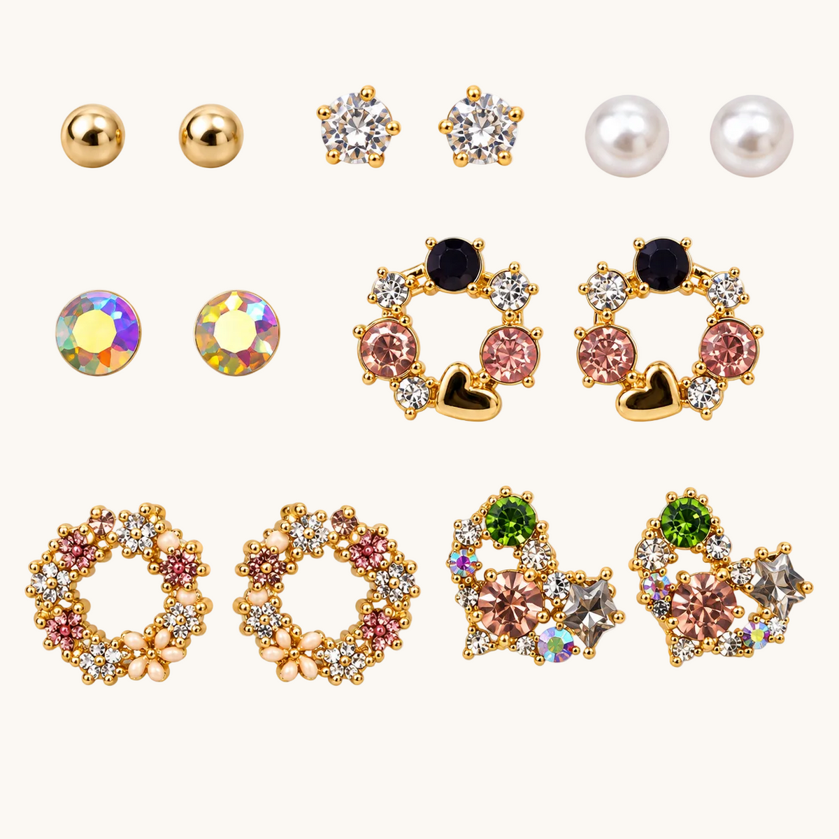 TITLIYA Korean Style Gold-Tone Multicolour Crystal Stud Earrings Set of 7 Pairs for Women