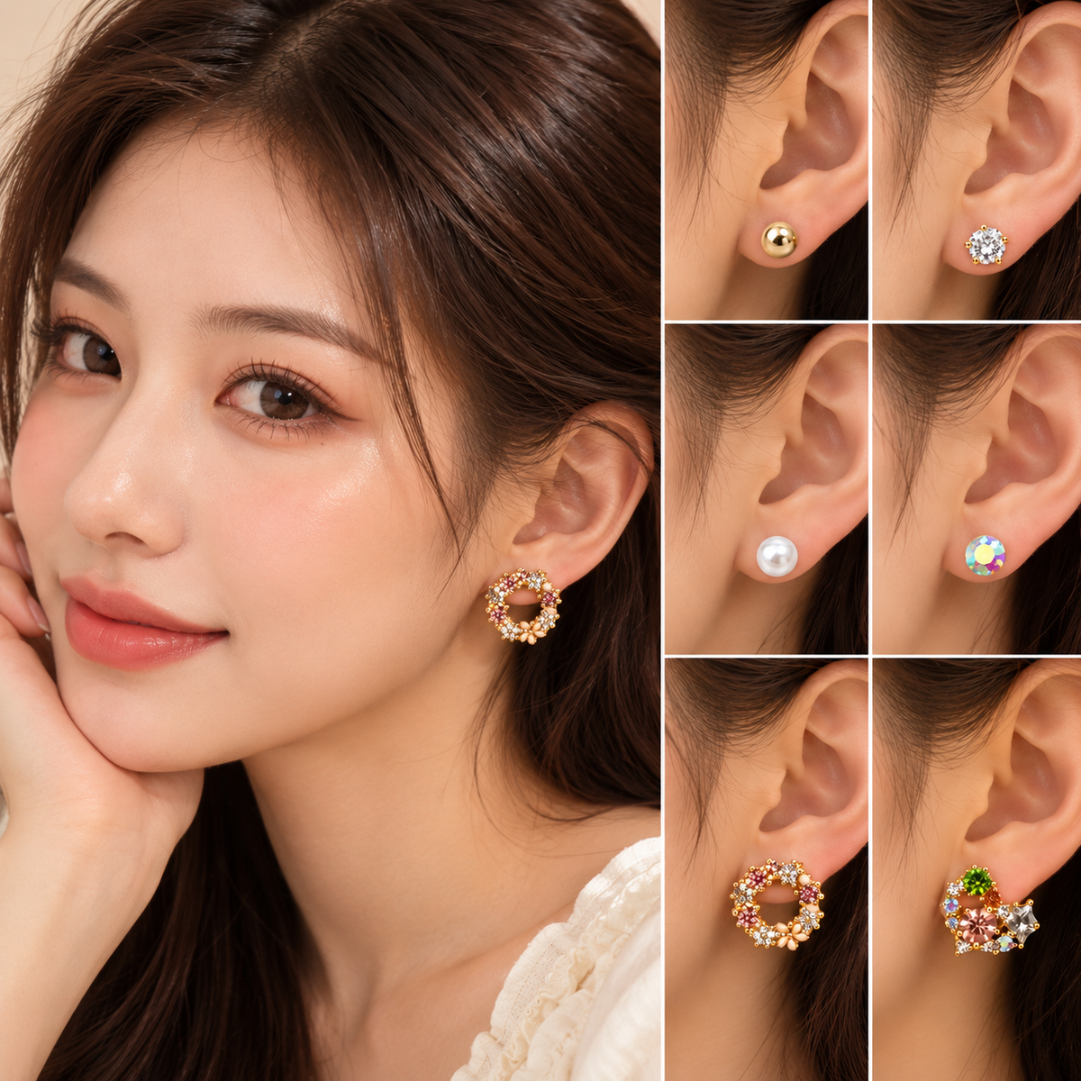 TITLIYA Korean Style Gold-Tone Multicolour Crystal Stud Earrings Set of 7 Pairs for Women