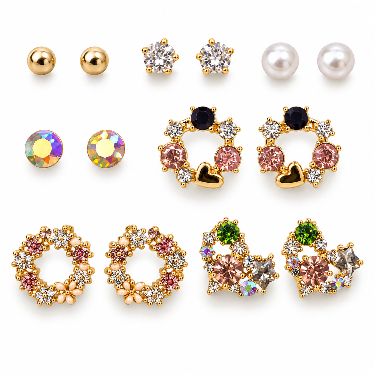 TITLIYA Korean Style Gold-Tone Multicolour Crystal Stud Earrings Set of 7 Pairs for Women