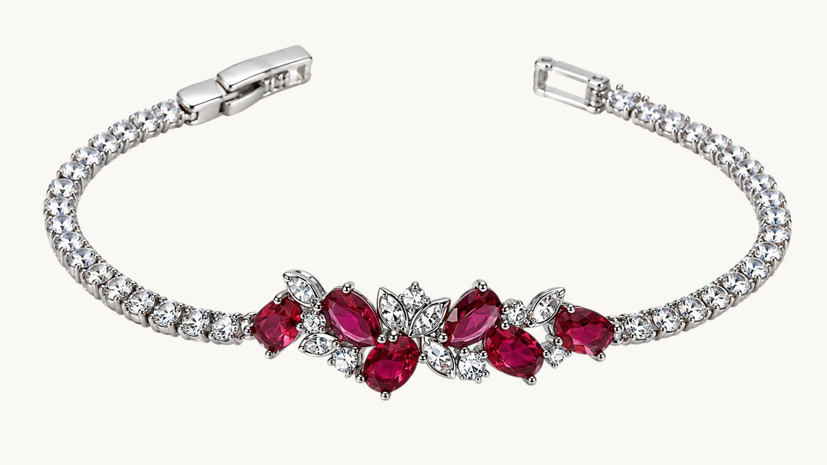 TITLIYA silver-tone link bracelet featuring a red floral crystal centerpiece with clear stone accents