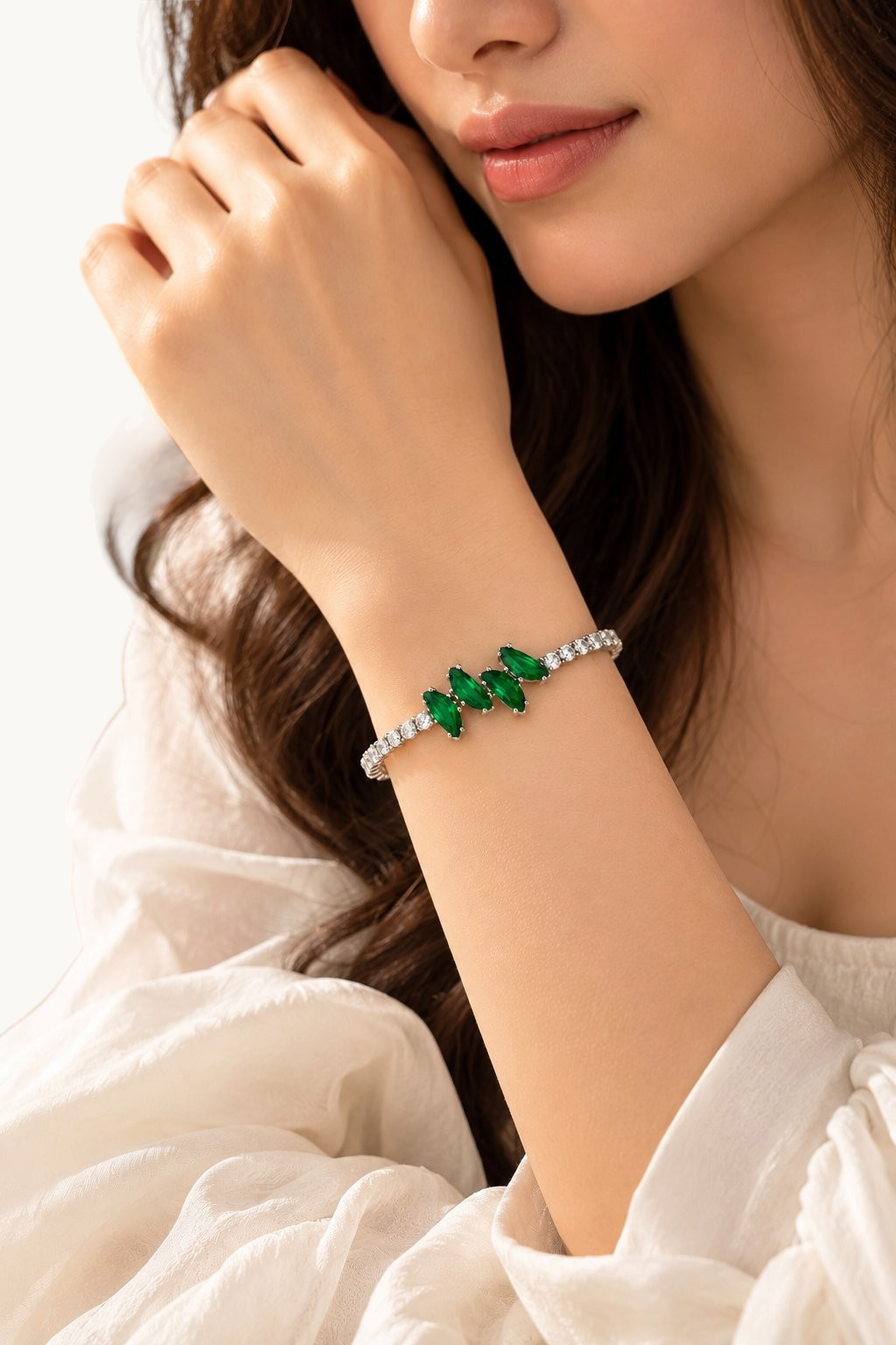 TITLIYA Korean style silver bracelet featuring marquise-cut green crystals and clear stone accents on a woman's wrist