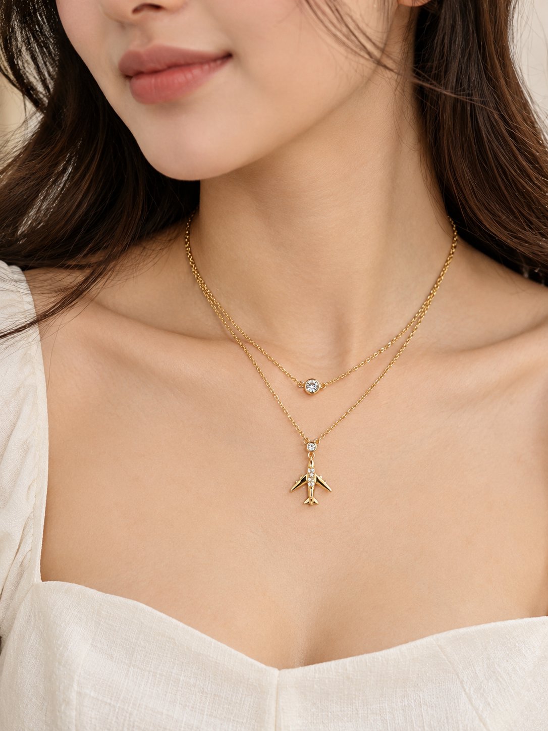 TITLIYA Korean Style Gold Airplane Layered Pendant Necklace for Women