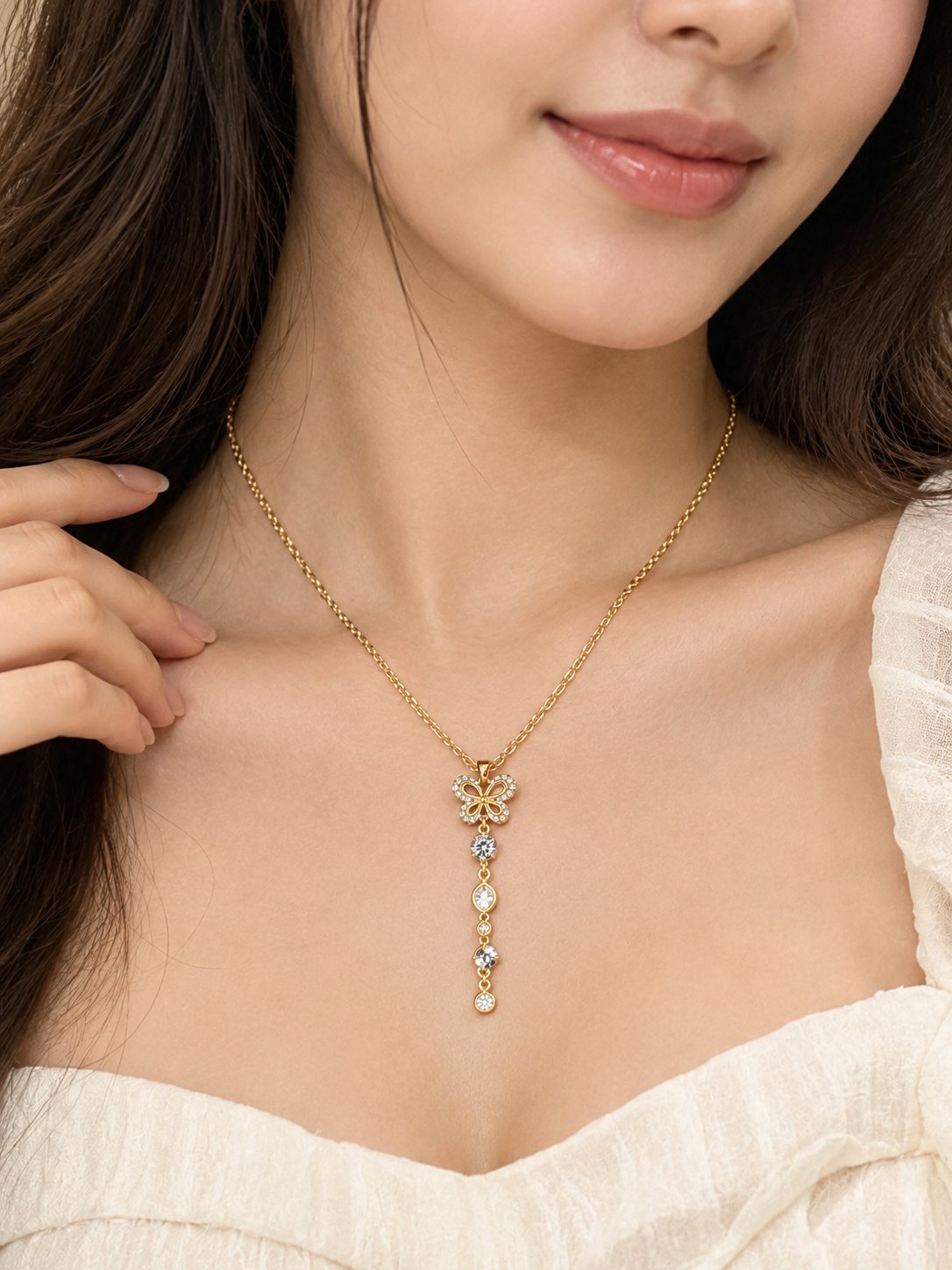 TITLIYA Korean Style Gold Butterfly Crystal Drop Necklace for Women