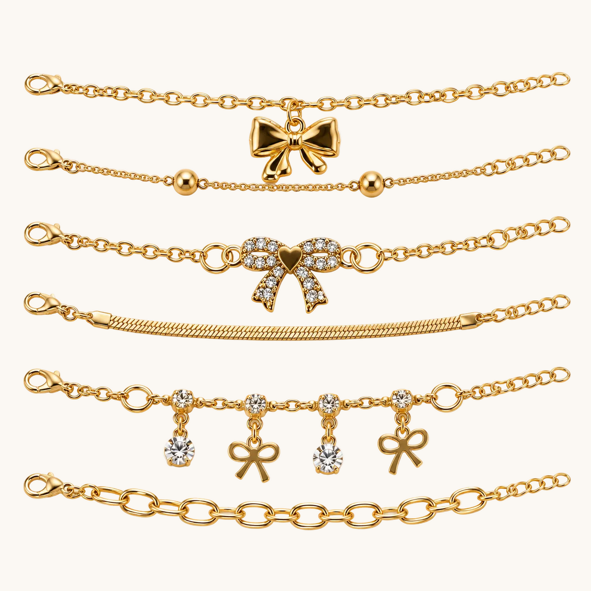 TITLIYA Korean Style Gold-Tone Bow Charm Bracelet Set of 6 for Women