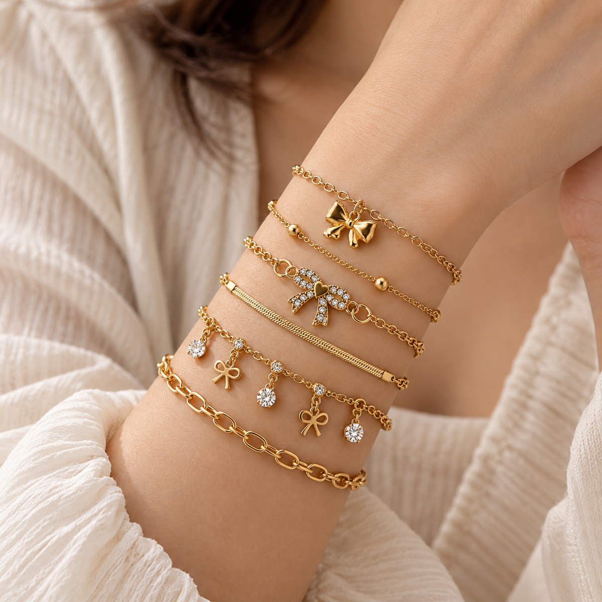 TITLIYA Korean Style Gold-Tone Bow Charm Bracelet Set of 6 for Women