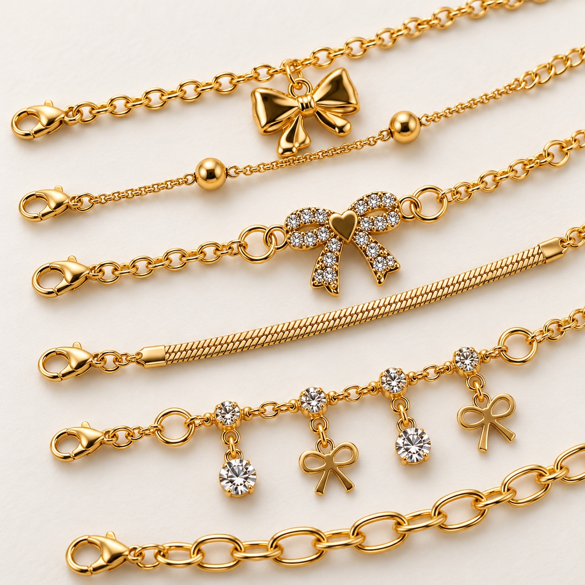 TITLIYA Korean Style Gold-Tone Bow Charm Bracelet Set of 6 for Women