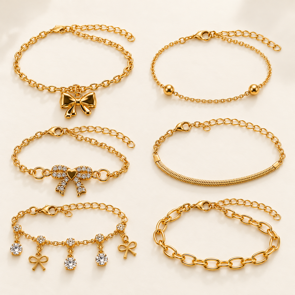 TITLIYA Korean Style Gold-Tone Bow Charm Bracelet Set of 6 for Women