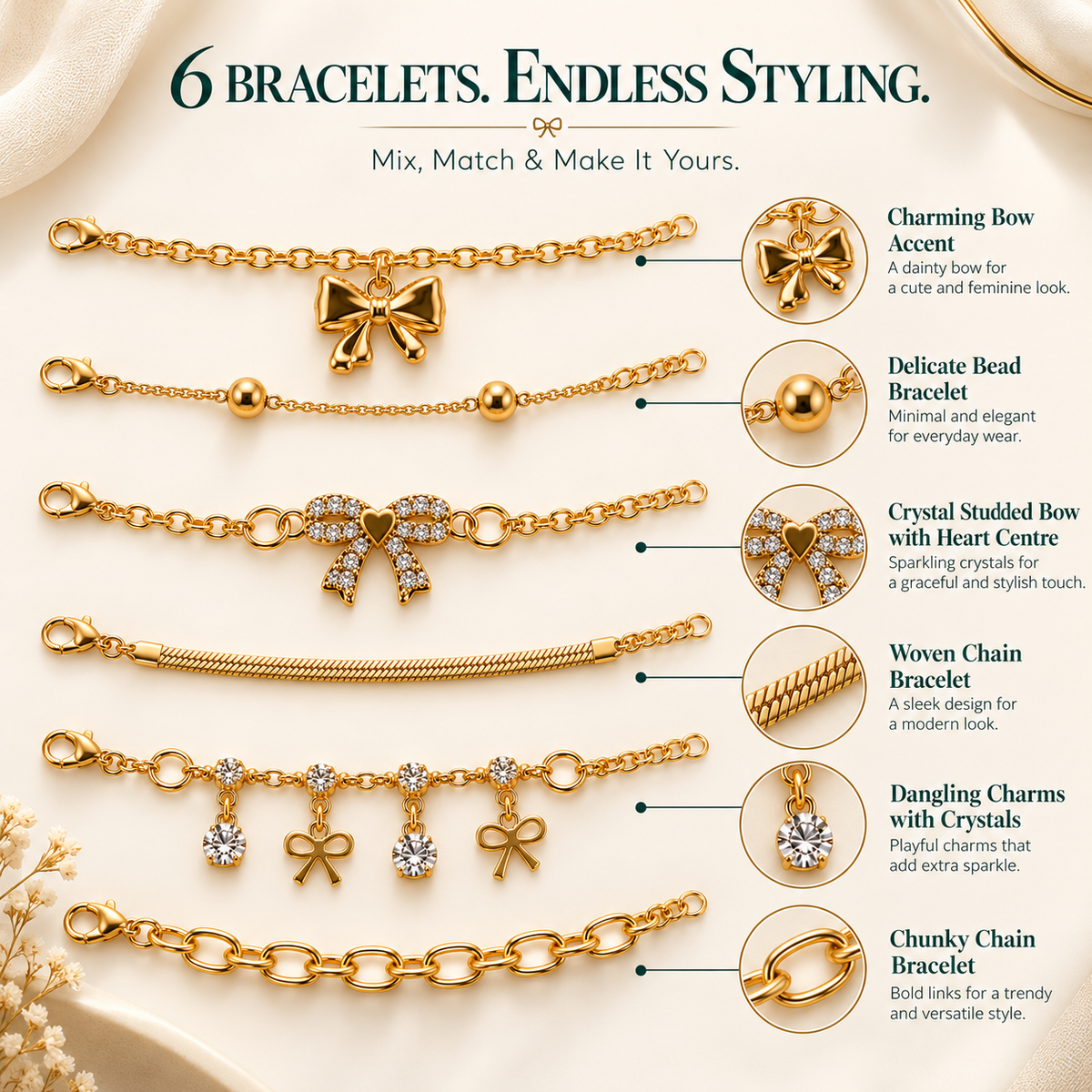 TITLIYA Korean Style Gold-Tone Bow Charm Bracelet Set of 6 for Women