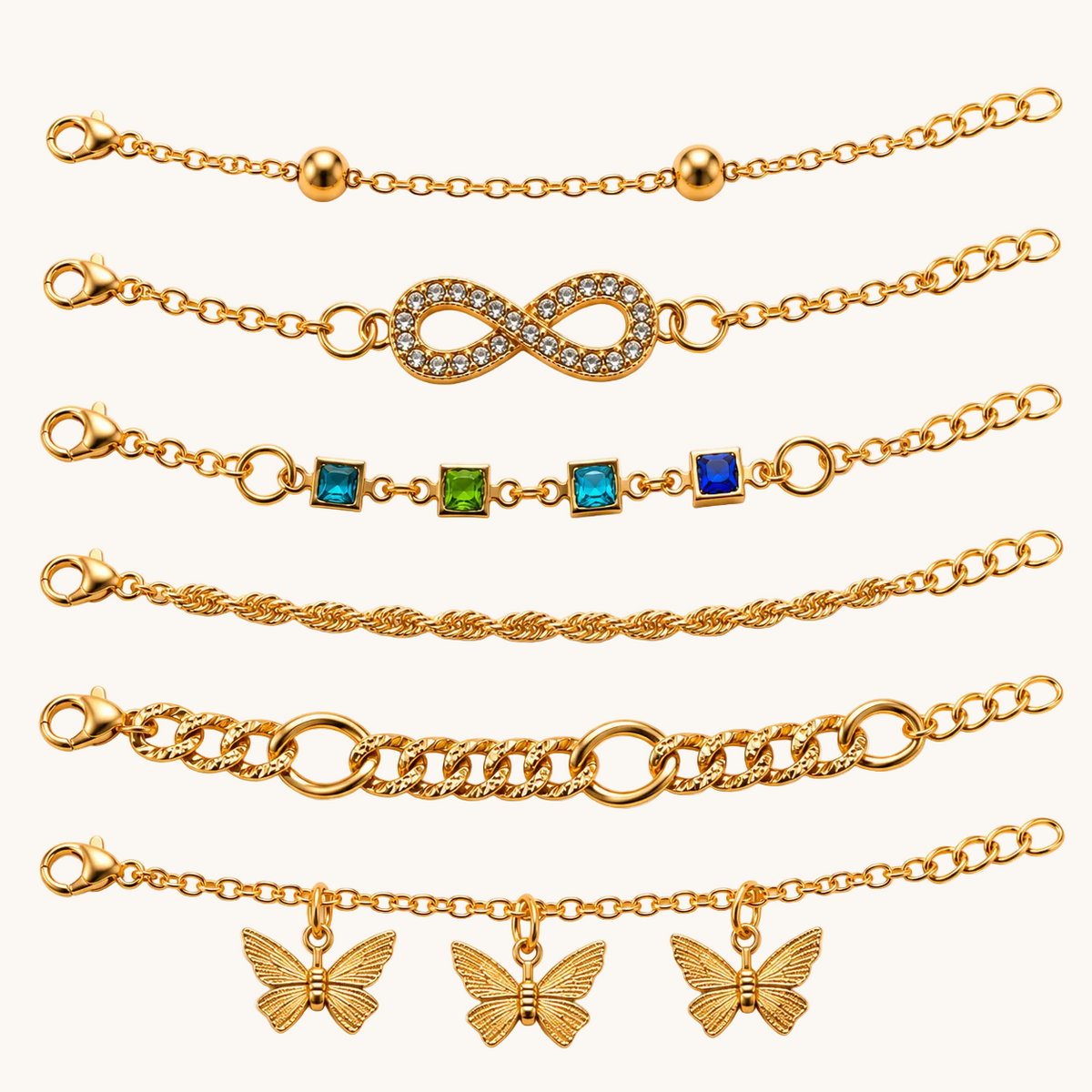 TITLIYA Korean Style Gold-Tone Bracelet Set of 6 for Women & Girls with Butterfly Charms, Infinity Design & Multicolour Crystal Accents