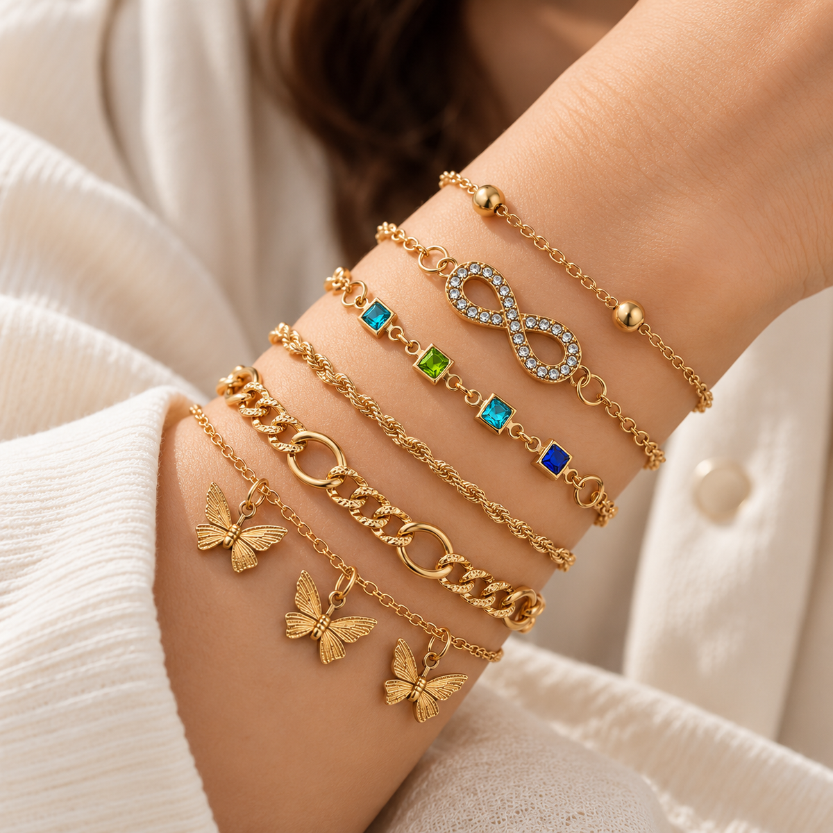 TITLIYA Korean Style Gold-Tone Bracelet Set of 6 for Women & Girls with Butterfly Charms, Infinity Design & Multicolour Crystal Accents