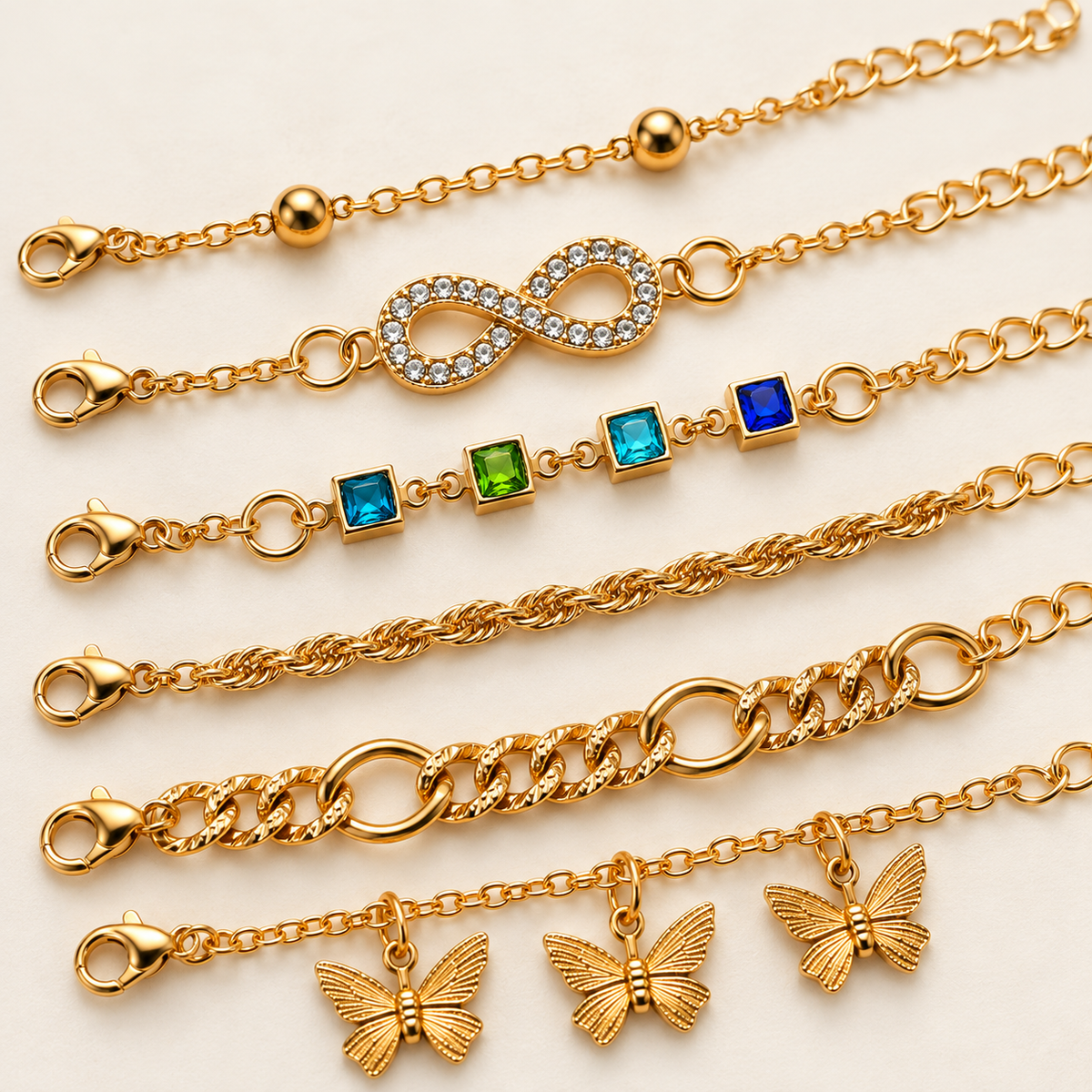 TITLIYA Korean Style Gold-Tone Bracelet Set of 6 for Women & Girls with Butterfly Charms, Infinity Design & Multicolour Crystal Accents