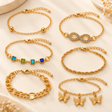 TITLIYA Korean Style Gold-Tone Bracelet Set of 6 for Women & Girls with Butterfly Charms, Infinity Design & Multicolour Crystal Accents
