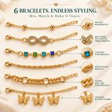 TITLIYA Korean Style Gold-Tone Bracelet Set of 6 for Women & Girls with Butterfly Charms, Infinity Design & Multicolour Crystal Accents