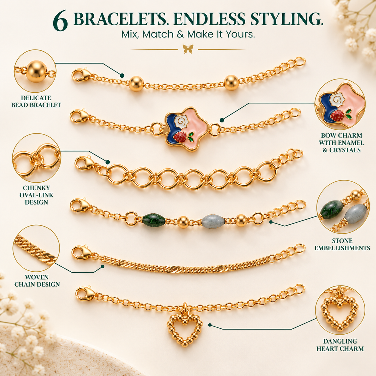 TITLIYA Korean Style Gold-Tone Bracelet Set of 6 for Women