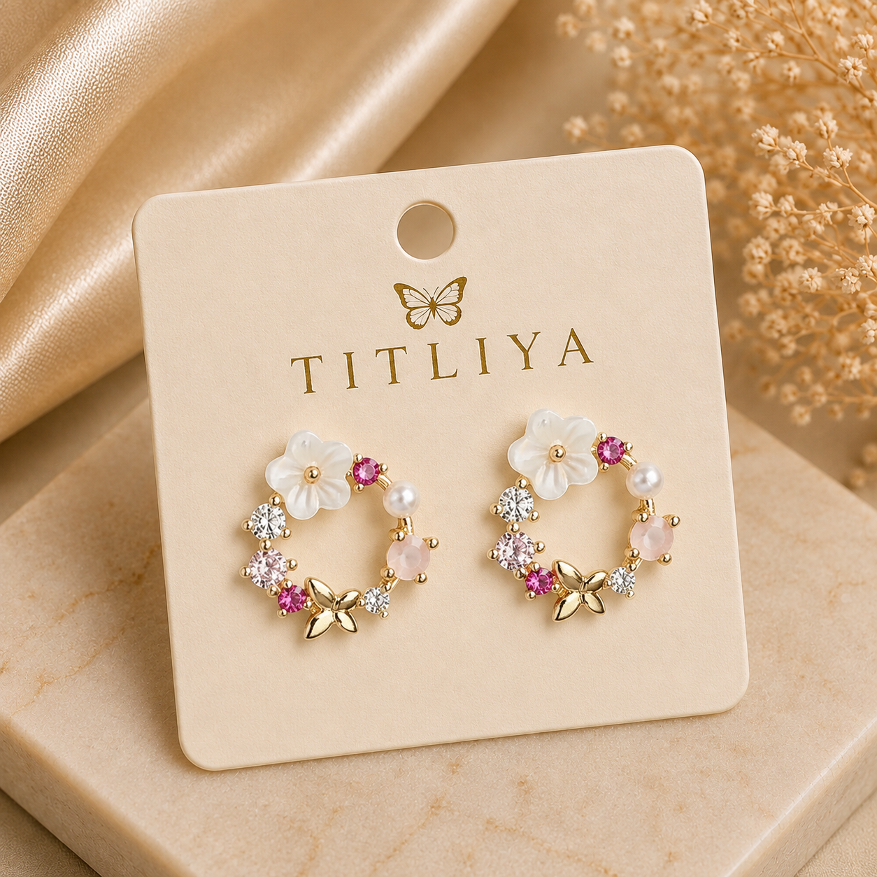 TITLIYA Korean Earrings Combo Set of 3 – Black Floral, Pearl & Crystal Designs