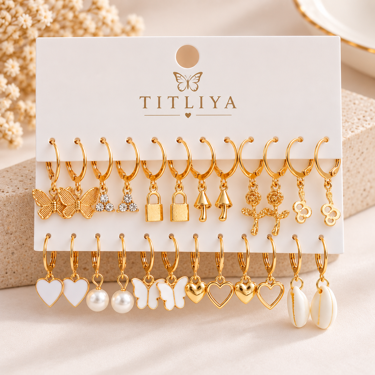 TITLIYA Korean Style Gold Butterfly & Pearl Earrings Combo Set of 12 Pairs