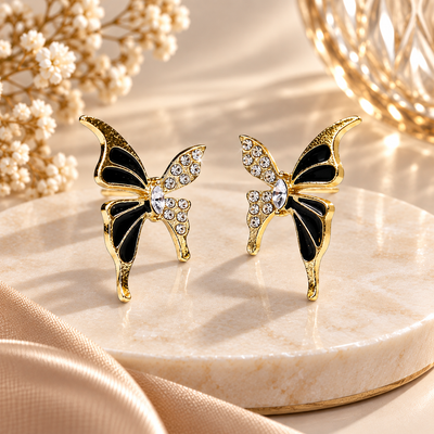 TITLIYA Korean Style Gold & Black Butterfly Crystal Stud Earrings