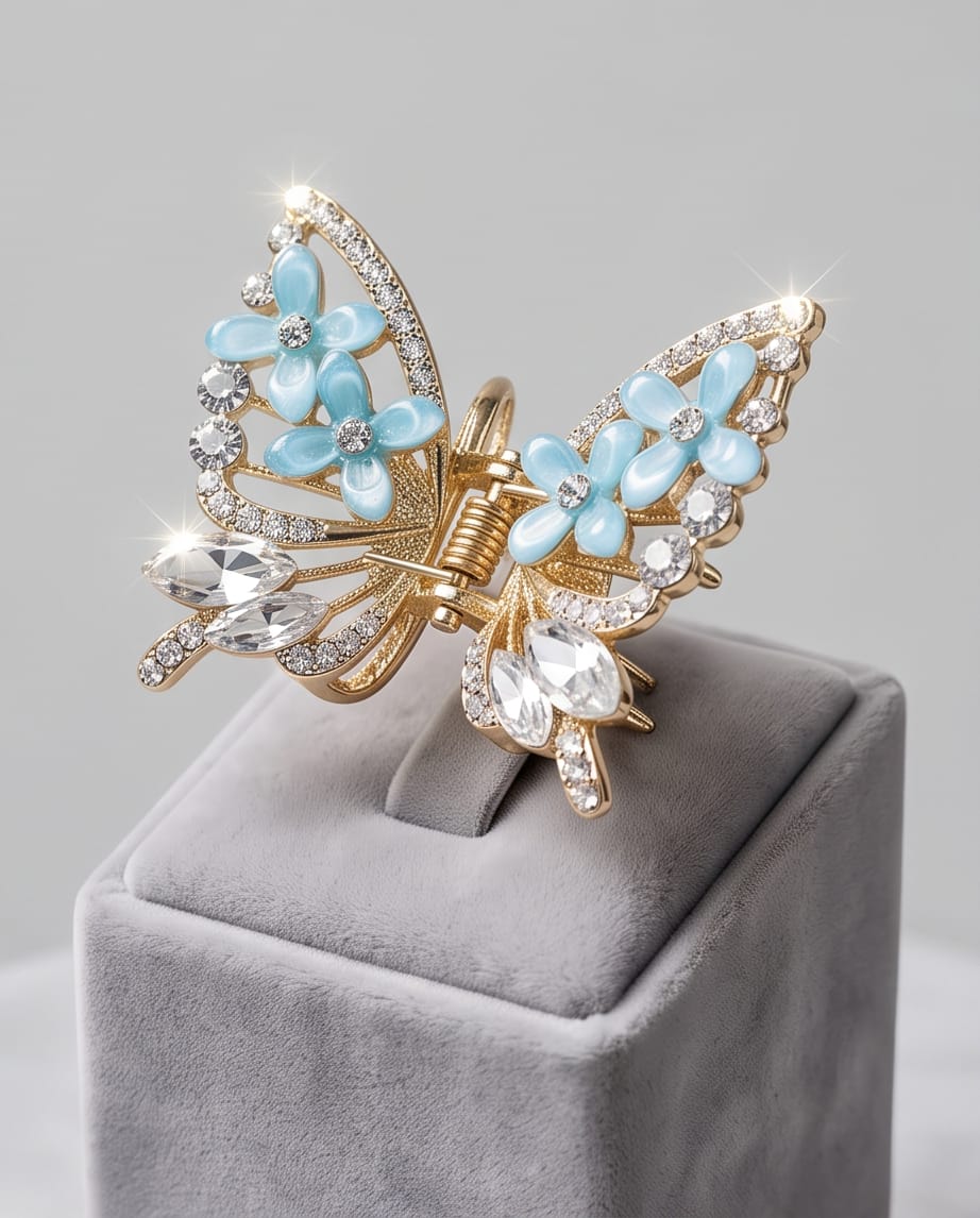 TITLIYA Korean Butterfly Hair Clip – Blue Floral Anti-Tarnish Hair Accessory