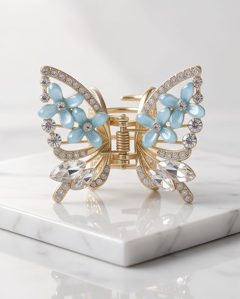 TITLIYA Korean Butterfly Hair Clip – Blue Floral Anti-Tarnish Hair Accessory