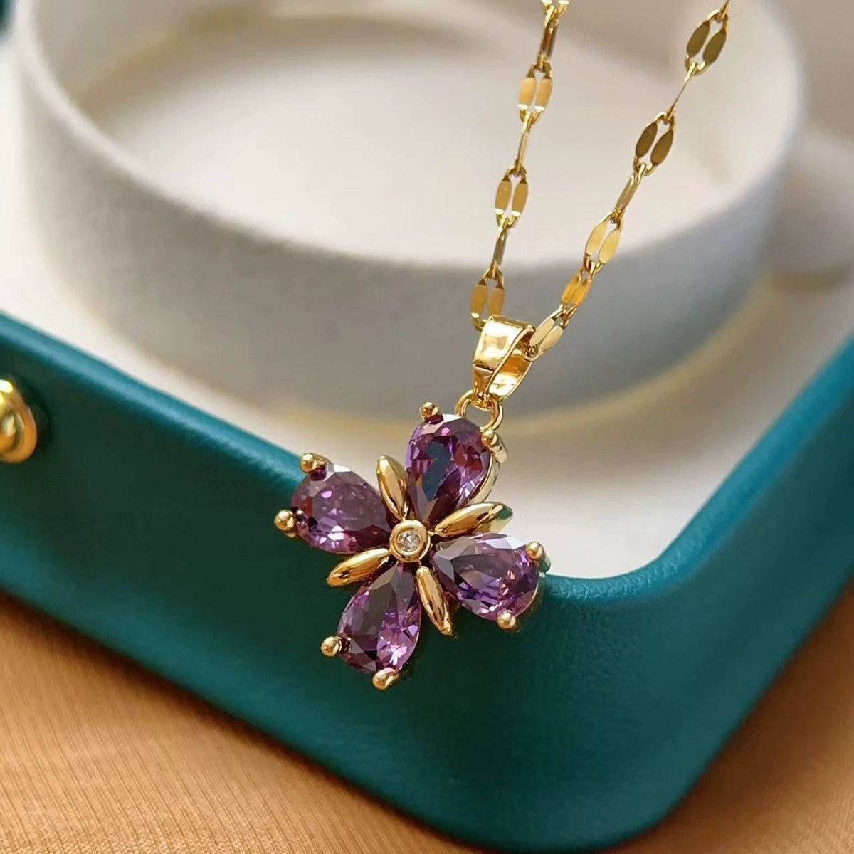 TITLIYA Korean Purple Crystal Flower Pendant Necklace