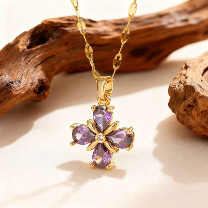 TITLIYA Korean Purple Crystal Flower Pendant Necklace