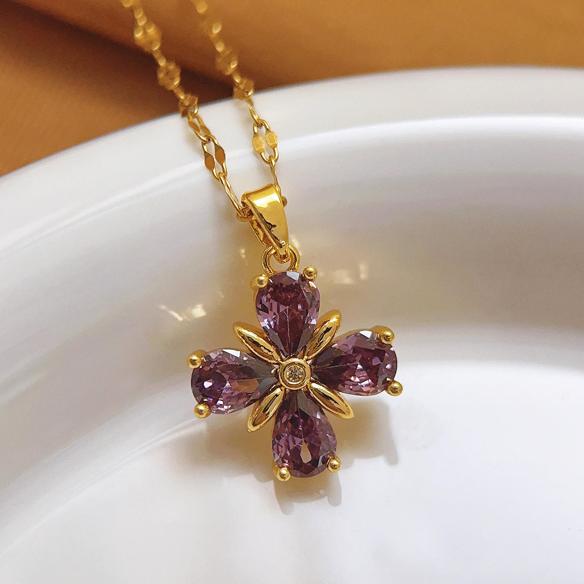 TITLIYA Korean Purple Crystal Flower Pendant Necklace