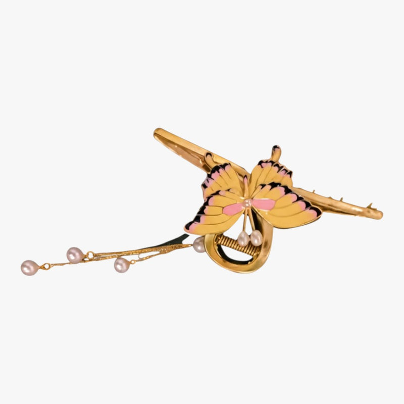 Yellow and Pink Butterfly Hair Clip with Pearl Chains