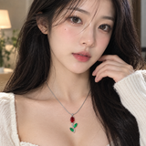 TITLIYA Korean Style Silver Tone Red & Green Tulip Pendant Necklace