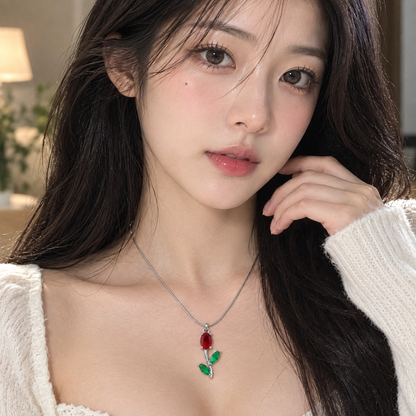 TITLIYA Korean Style Silver Tone Red & Green Tulip Pendant Necklace