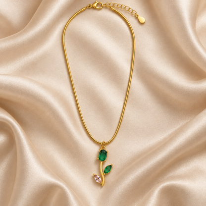 TITLIYA Korean Style Gold Tone Green & Pink Tulip Pendant Necklace