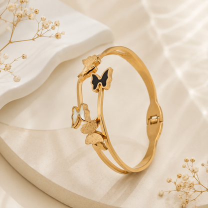 TITLIYA Korean Style Butterfly Gold Bracelet for Women – Black & White Enamel Butterfly Charm Bracelet | Anti-Tarnish