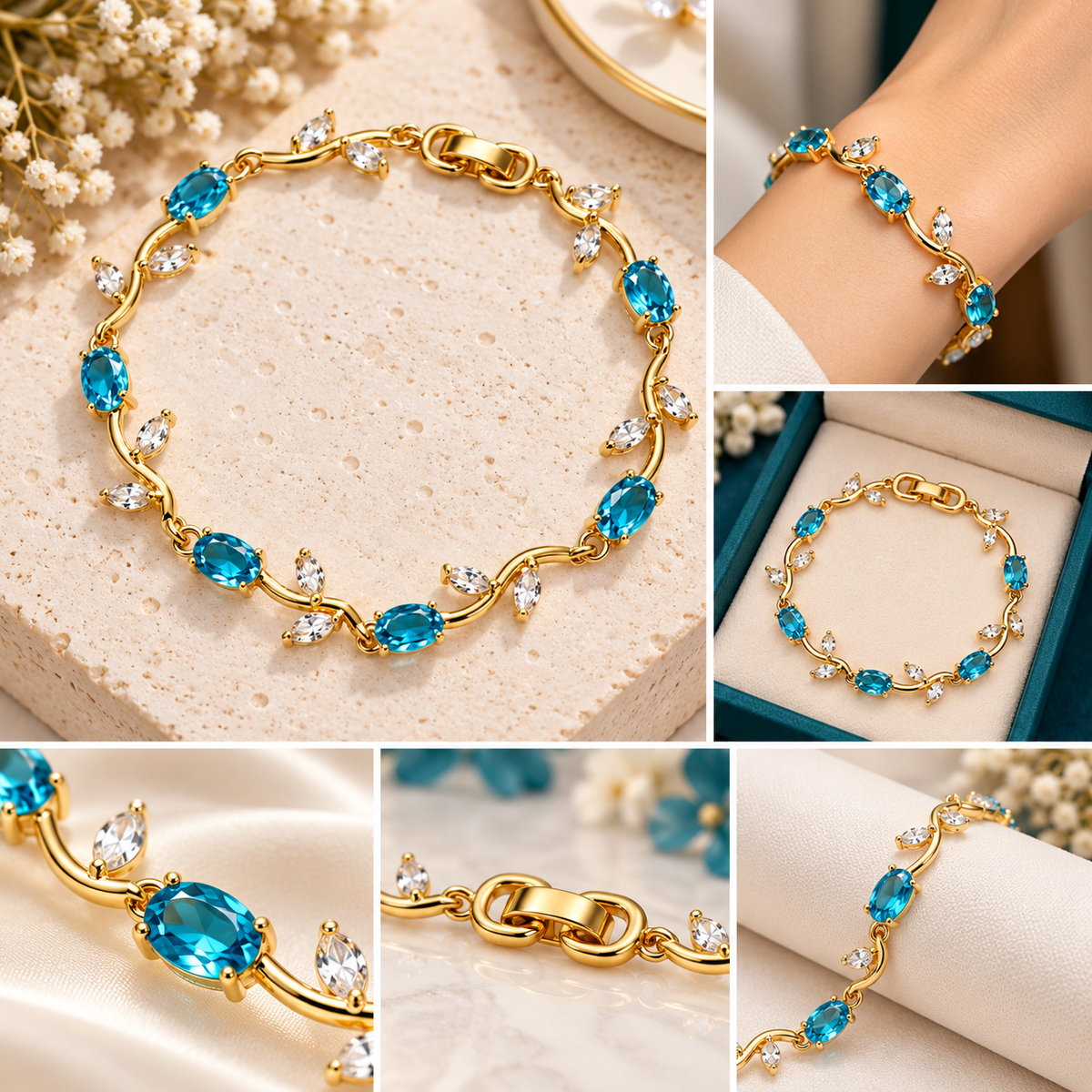 TITLIYA Korean Ocean Blue Crystal Gold-Tone Tulip Bracelet for Women
