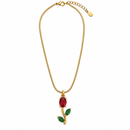 TITLIYA Korean Style Gold Tone Red & Green Tulip Pendant Necklace