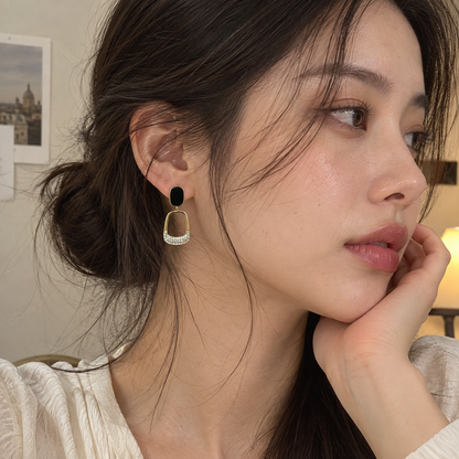 TITLIYA Korean Style Black & Gold Geometric Crystal Drop Earrings