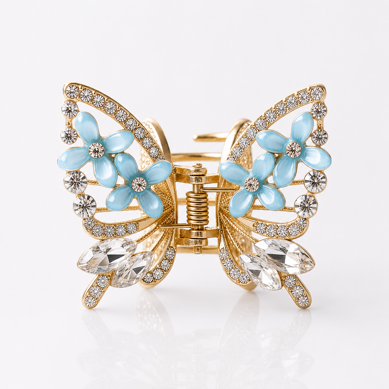 TITLIYA Korean Butterfly Hair Clip – Blue Floral Anti-Tarnish Hair Accessory
