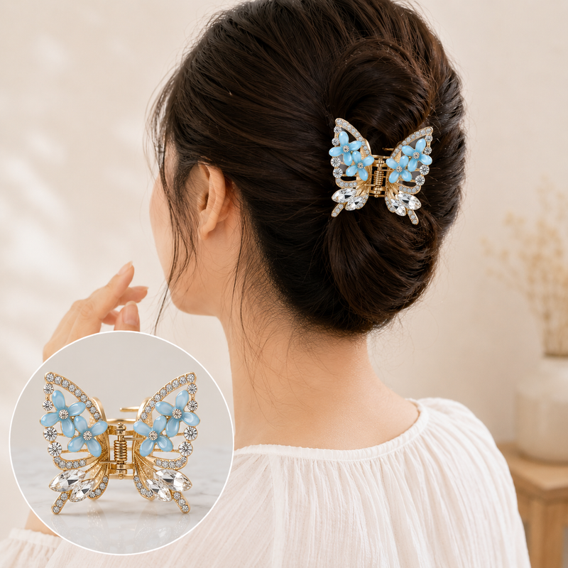 TITLIYA Korean Butterfly Hair Clip – Blue Floral Anti-Tarnish Hair Accessory