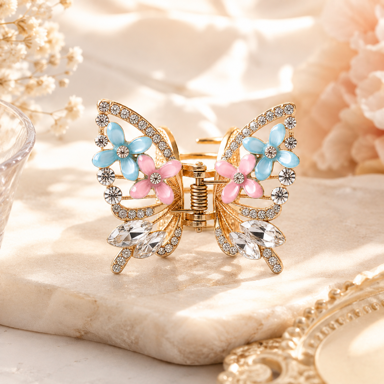 TITLIYA Korean Pink & Blue Butterfly Claw Hair Clip – Anti-Tarnish Floral Design