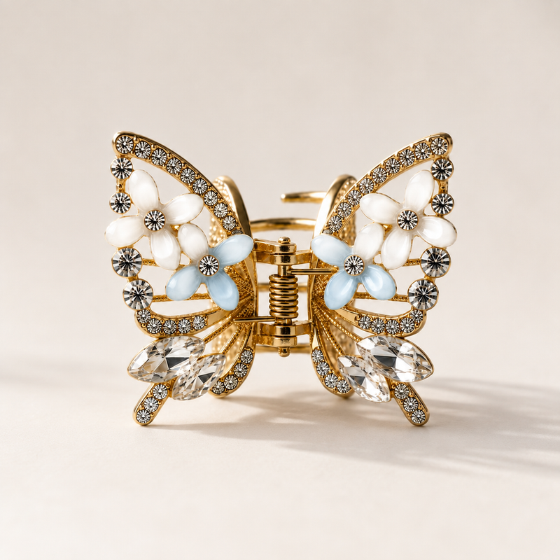 TITLIYA Korean White & Blue Butterfly Claw Hair Clip – Anti-Tarnish Floral Design
