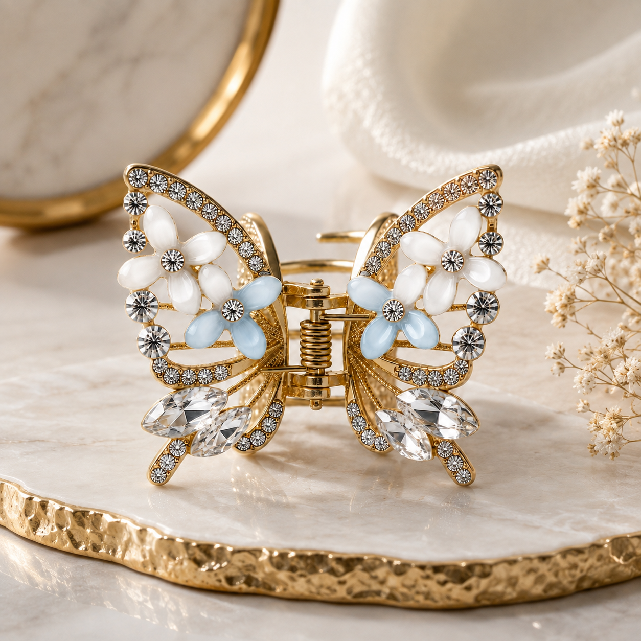 TITLIYA Korean White & Blue Butterfly Claw Hair Clip – Anti-Tarnish Floral Design