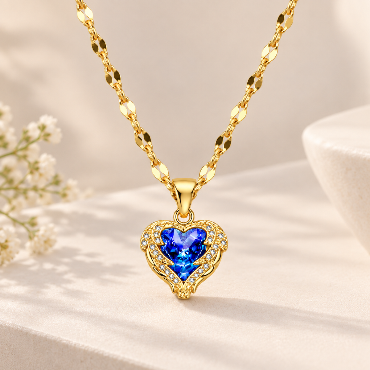 TITLIYA Korean Blue Heart Stone Gold-Plated Necklace for Women