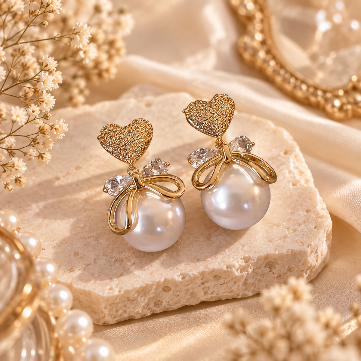 TITLIYA Korean Style Gold Pearl Heart Drop Earrings